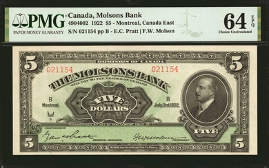 CANADA. Molson's Bank. 5 Dollars, 1922. CH #490-40-02. PMG Choice Uncirculated 64 EPQ.
