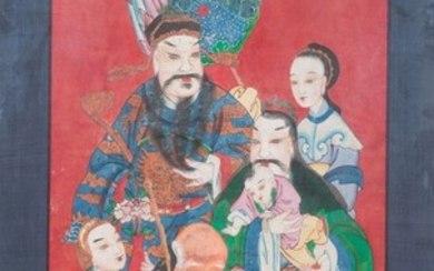 CHINE, fin XIXe Peinture populaire en polychromie sur papier représentant les Sanxing, « les Trois...