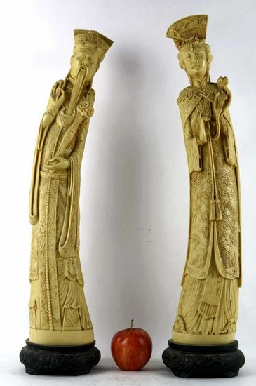 CHINESE 24"FINE PAIR FAUX CARVED FIGURAL SCULPTURE