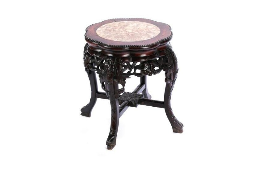 CHINESE HARDWOOD PEDESTAL WITH MARBLE INSERT