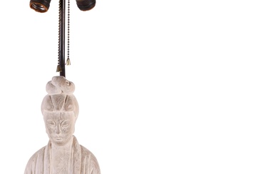 CHINESE WOOD CARVED GUANYIN MOUNTED AS A LAMP Height of figure: 23 3/4 in. (60.3 cm.)