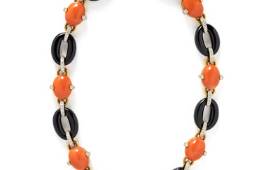 CORAL, ONYX, AND DIAMOND NECKLACE