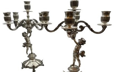 Candelabrum, Beautiful Pair of Portuguese Silver 5-Fire Chandeliers, 46cm (18 inches) / 6140g (217 oz) (2) - .833 silver - Portugal - 1938/1984