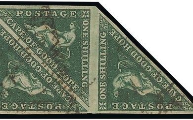 Cape of Good Hope 1855-63, White Paper 1/- deep dark green on white paper, used strip of three;...