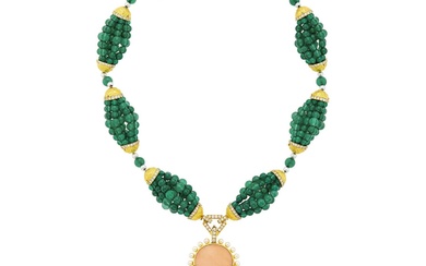 Cartier Multistrand Chrysoprase Bead, Gold, Angel Skin Coral, Diamond and Cultured Pearl Pendant-Necklace, France