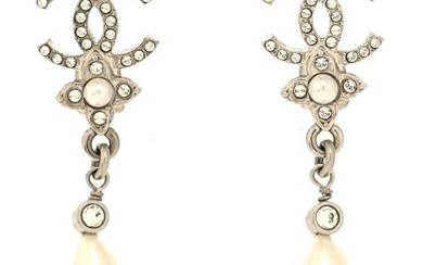 Chanel Crystal Pearl Flower CC Drop Earrings Silver
