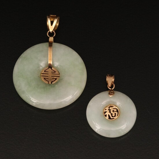 Chinese 14K Jadeite Pendants Including Good Fortune and Longevity Symbols