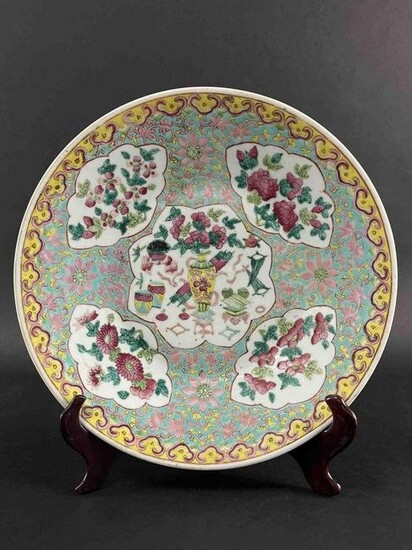 Chinese Antique Famille Rose Large Yellow Charger