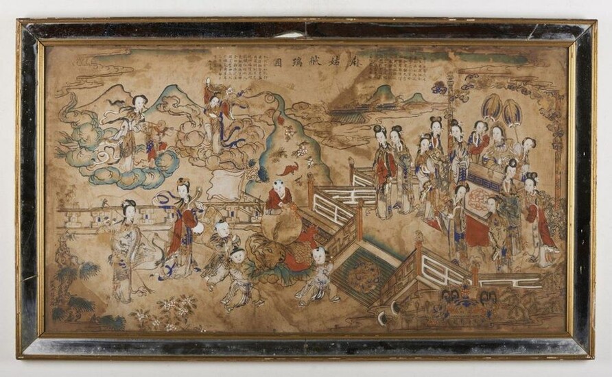 Chinese Art. Ma Gu Xian Shou Tu (Magu offers longevity) Signed Sheng Yanghou China, Qing dynasty,18th century Ink and colours on paper . Provenance: Venetian private collection, Italy. Cm 103,00 x 56,00.