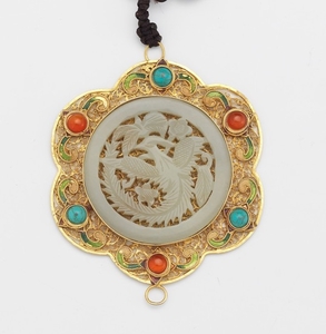 Chinese Carved Jade, Gilt Metal, Enamel, Turquoise and Carnelian Filigree Ornament on Silk Cord
