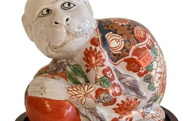 Chinese Ceramic Painted Monkey Figure, set on wood