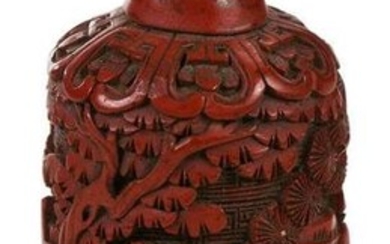 Chinese Cinnabar Lacquered Porcelain Snuff Bottle