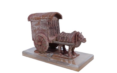 Chinese Partially Painted Terracotta Group of an Ox and Cart, Tang Dynasty (618-907)