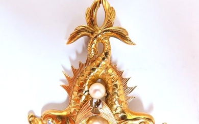 Chinese Pearl Fish Pin 18kt Vintage