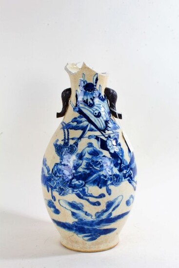 Chinese crackle glazed vase, 20th century, depicting a scene with warriors on horseback in blue