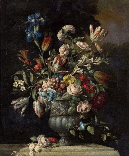 Circle of Gerard van Spaendonck, Dutch 1746-1822- Still life of flowers in an ornamental urn on a ledge; oil on canvas, 76.5 x 63.4 cm. Provenance: Private Collection, UK (by descent). Note: The present work is closely related to a canvas held at...
