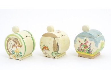 Clarice Cliff sugar bowls, patterns to include Hydrangea, Na...