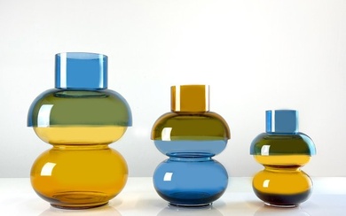 Cloudnola - Vase (3) - Set of 3 - Cloudnola Supreme Bubble Vases in Blue and Yellow - Handcrafted and Mouth Blown - Glass