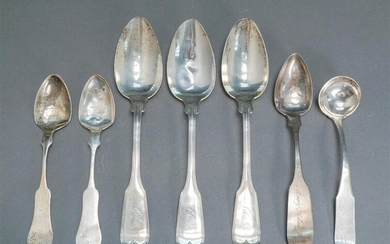 Collection of Seven American Coin Silver Spoons (Poindexter, R. Fraxer, Scouil & Kinsey), Length of longest: 8-1/8 inch