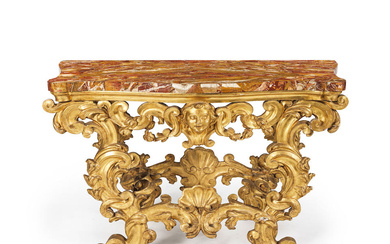 Console italienne en bois sculpté et doré, dessus de jaspe...