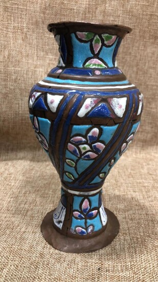 Copper Iraqi vase with 19th century Islamic enamel has flaws