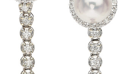 Cultured Pearl, Diamond, White Gold Earrings Stones: Full-cut diamonds...