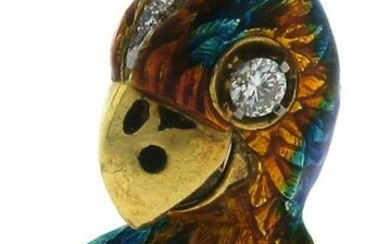 DARLING 18k Yellow Gold, Enamel & Diamond Parrot Brooch