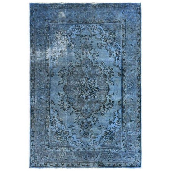 Denim Blue Vintage Overdyed Persian Tabriz Worn Wool