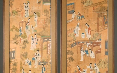 Deux peintures chinoises (h/p) ' dames à la cour', dynastie Qing (123x56cm)