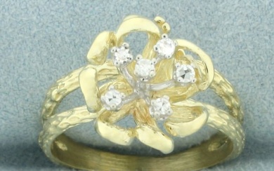 Diamond Flower Design Split Shank Ring in 14k Yellow Gold