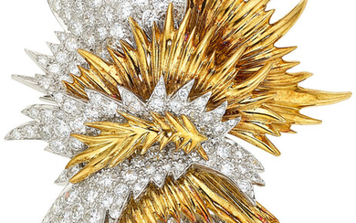 Diamond, Platinum, Gold Brooch The brooch features full-cut diamonds...