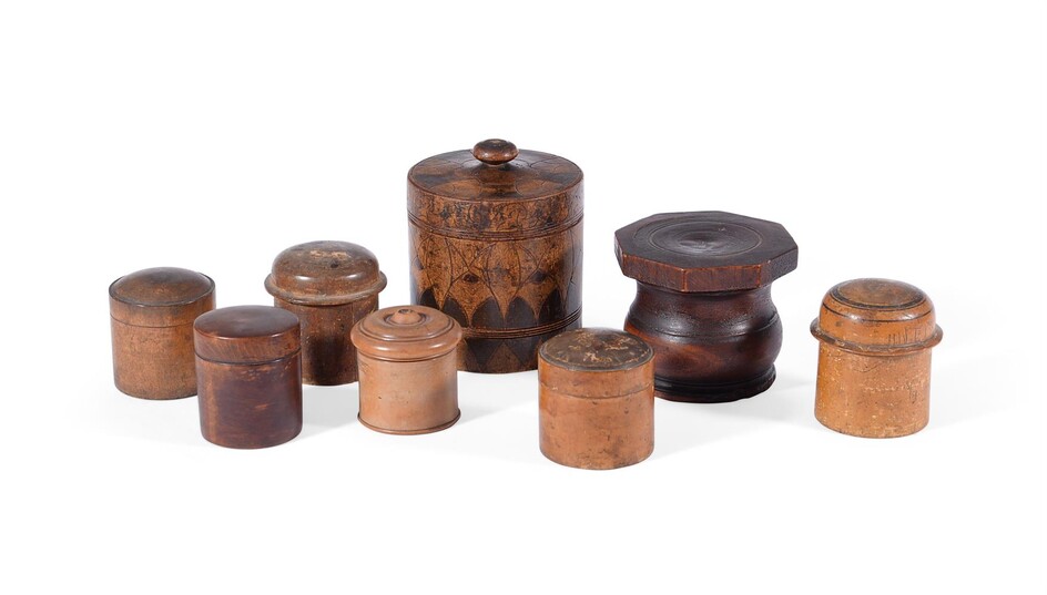 EIGHT VARIOUS TREEN BOXES AND COVERS, ASSORTED DATES