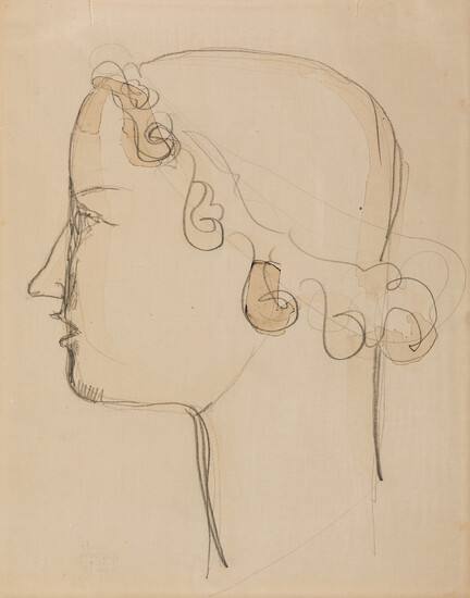 ELIE NADELMAN Female Classical Head in Profile. Pencil and ink wash on paper,...