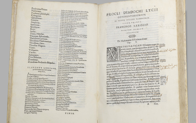 [EUCLID]. PROCLUS DIADOCHUS (412-485). In primum Euclidis elementorum librum commentarium … libri III. Translated by F. Barozzi. Padua: G. Perachino, 1560.