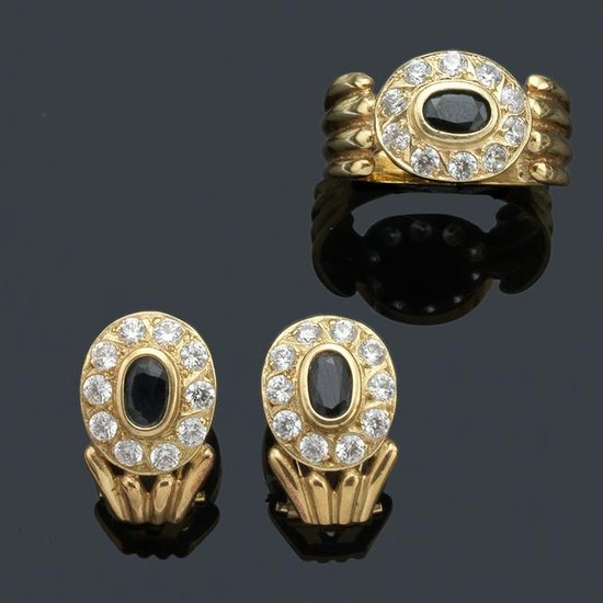 Earrings and ring in 18K yellow gold with sapphires and