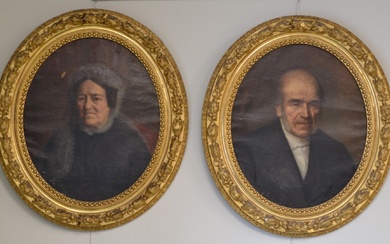 Ecole Française de la fin du XIXème s. Portraits d'un couple Deux toiles ovales formant...