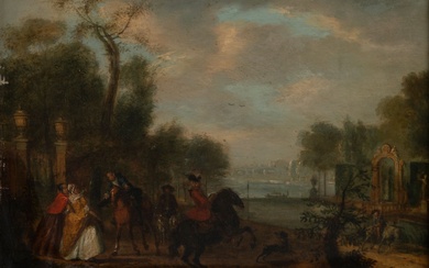 Ecole HOLLANDAISE du XVIIIe siècle, entourage de Carl van FALENS Cavaliers devant l’entrée d’un parc...