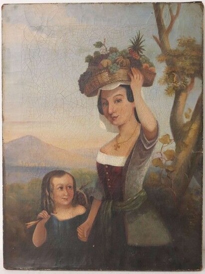 Ecole Napolitaine du XIXe siècle Jeune femme au panier de fruits avec sa fille et...
