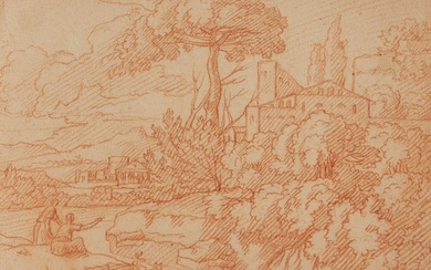 École de DUGHET Gaspar (1615-1675) Paysage fluvial animé Sanguine Haut. : 13,5 ; Larg. :...