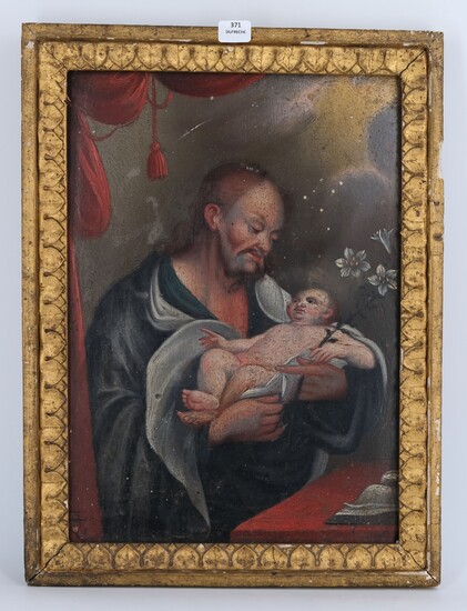 Ecole du XVIIIe. Joseph et l'Enfant Jésus. Huile sur panneau. 26 X 19.