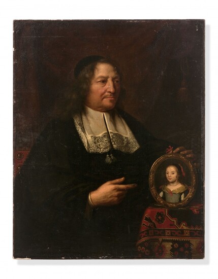 Ecole française vers 1670 Entourage de Claude Lefebvre Portrait d'homme tenant le portrait de sa fille