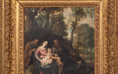 Ecole hispano-flamande, XVIIe siècle : Sainte Famille Huile sur cuivre, 27 x 25,5cm (cadre en...
