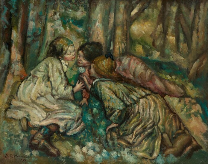 Edward Atkinson Hornel, Scottish 1864-1933- Three girls with dandelions in a woodland setting; oil on canvas, signed and dated 'E. A Hornel / -93-' (lower left), 64.7 x 80.8 cm. Provenance: Collection of Heinrich Riss (d.1969), Vienna (art...