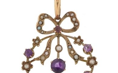 Edwardian unmarked gold amethyst and seed pearl openwork bow...