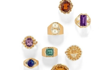 Eight 18K yellow gold, colored stone and pearl rings