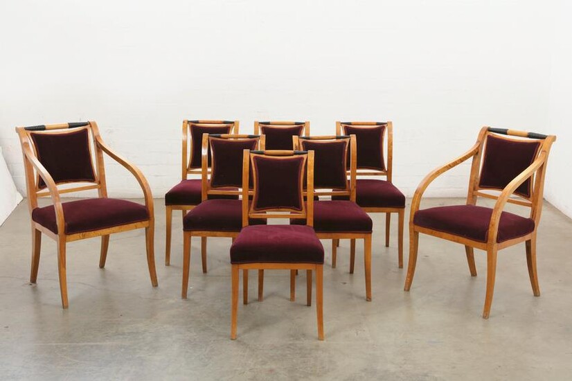 Eight Biedermeier parcel ebonized birch chairs