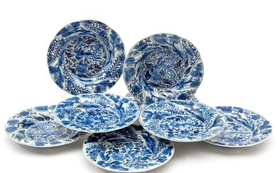 Eight blue and white Monkey and Phoenix plates