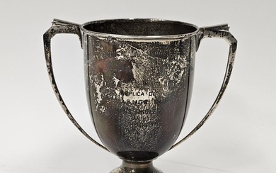 Elizabeth II two-handled silver trophy cup, on circular dome...