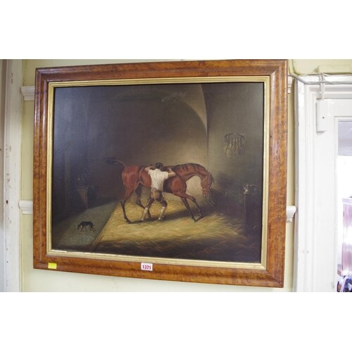 English School, 19th century, horse and groom in stable, uns...