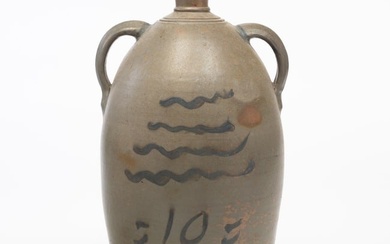 FOLKSY FREEHAND DECORATED TEN-GALLON STONEWARE JUG WATER COOLER.